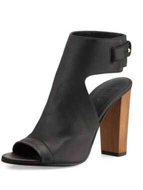 Vince‎ Addie Winter Leather Peep Toe Ankle Strap Wood Block Heel Sandal Black
